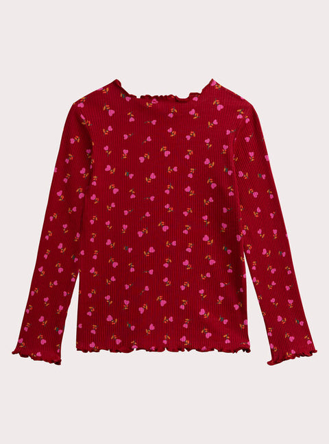 Ribbed Red Floral Print Cotton T-shirt