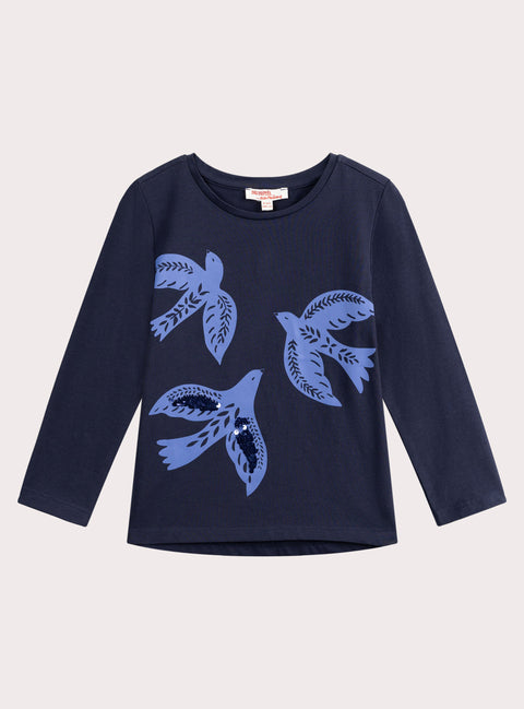 Navy Sequined Dove Print  Cotton T-shirt