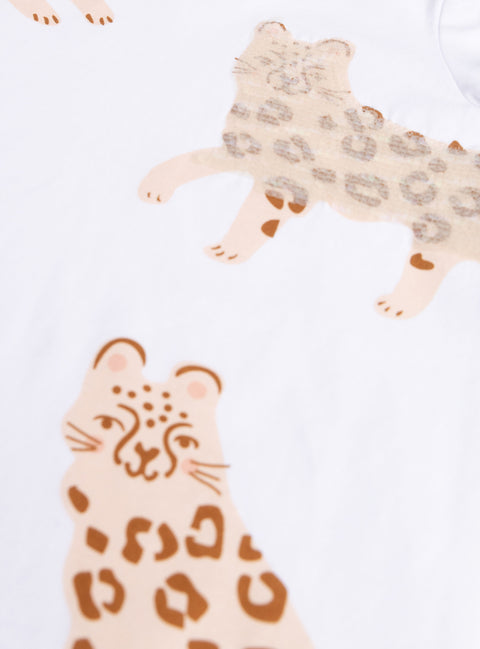 Cream Sequined Leopard Print Cotton T-shirt