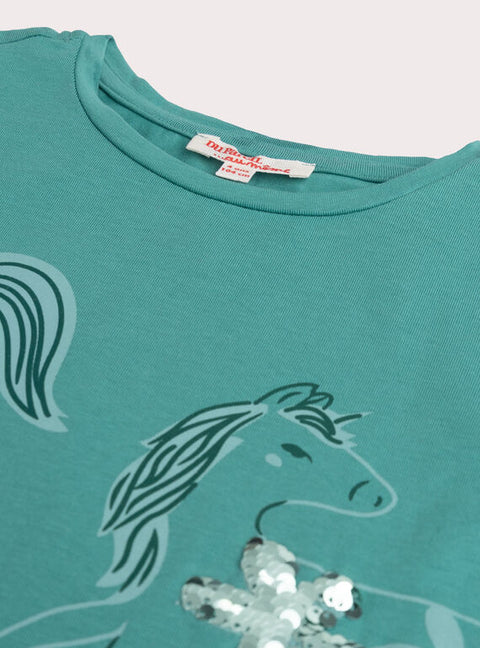 Green Sequined Unicorn Cotton T-shirt