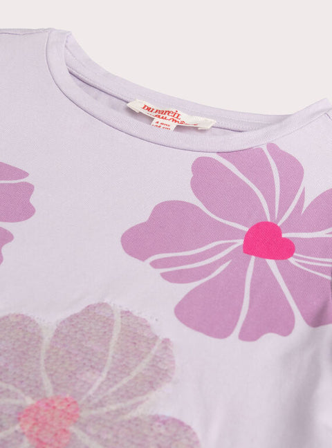 Lilac Sequined Daisy Print Cotton T-shirt