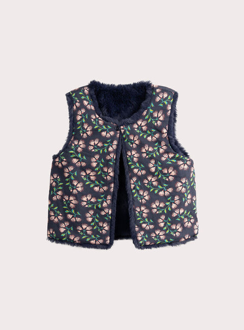 Navy Faux Fur Gilet With Floral Embroidery