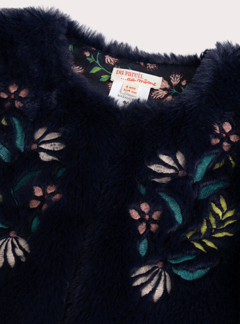 Navy Faux Fur Gilet With Floral Embroidery