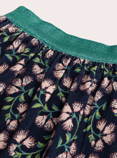 Reversible Navy Floral Print Corduroy Skirt