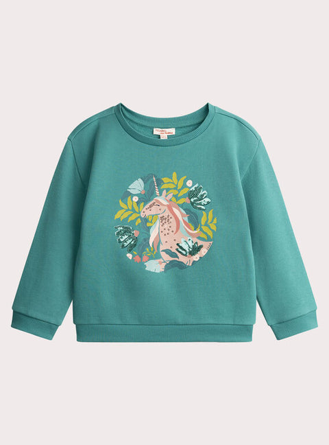 Sequined Turquoise Unicorn Print Cotton Fleece Sweatshirt