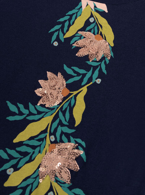 Sequined Navy Floral Print Cotton T-shirt