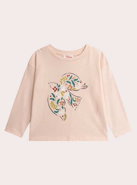 Pink Sequin Bird Print Cotton T-shirt