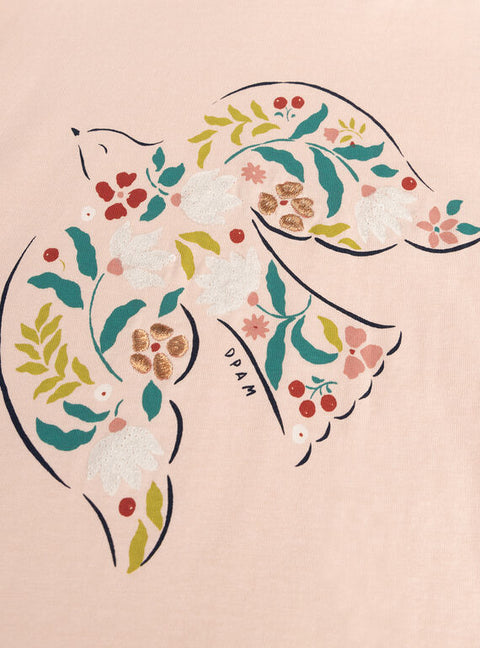 Pink Sequin Bird Print Cotton T-shirt