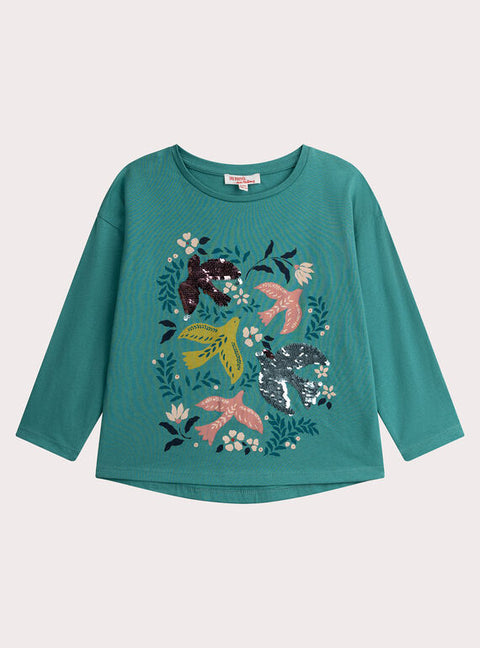 Sequined Green Dove Print Cotton T-shirt