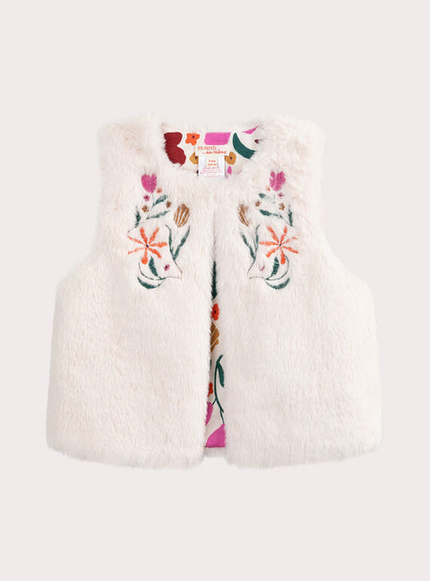 Reversible Cream Floral Embroidered Faux Fur Gilet