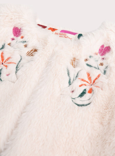 Reversible Cream Floral Embroidered Faux Fur Gilet