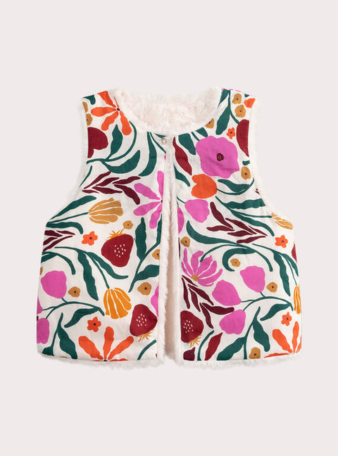 Reversible Cream Floral Embroidered Faux Fur Gilet