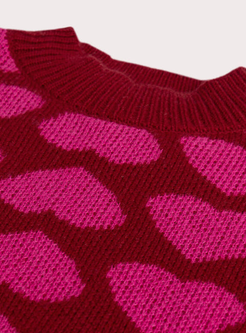 Raspberry Pink Round Neck Heart Pattern Jumper