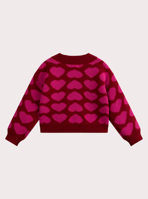 Raspberry Pink Round Neck Heart Pattern Jumper