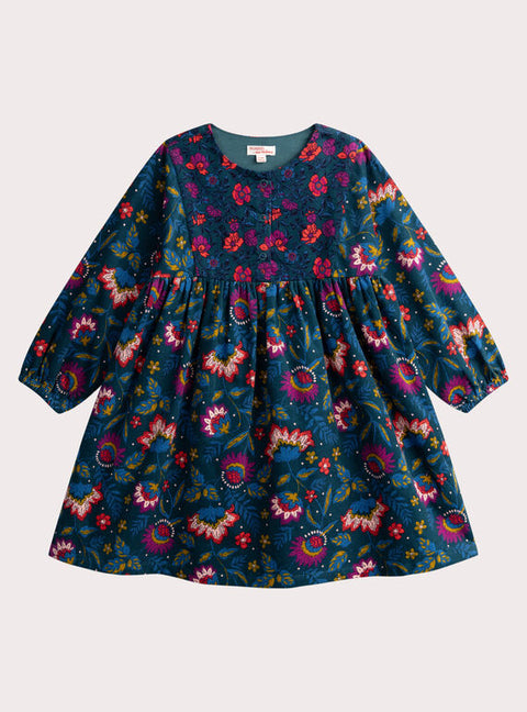 Lined Green Floral Print Corduroy Dress