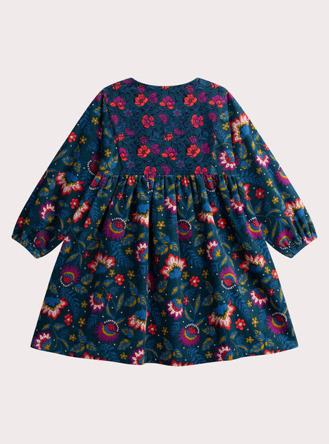 Lined Green Floral Print Corduroy Dress