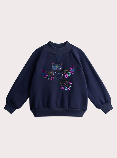 Navy Sequined Owl Animation Fleece Sweatshirt