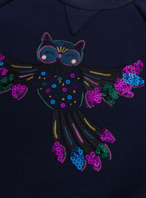 Navy Sequined Owl Animation Fleece Sweatshirt