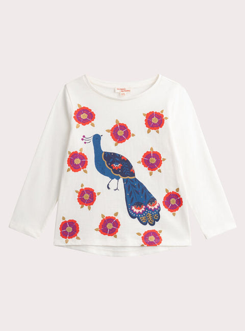 Cream Peacock Print Cotton T-shirt