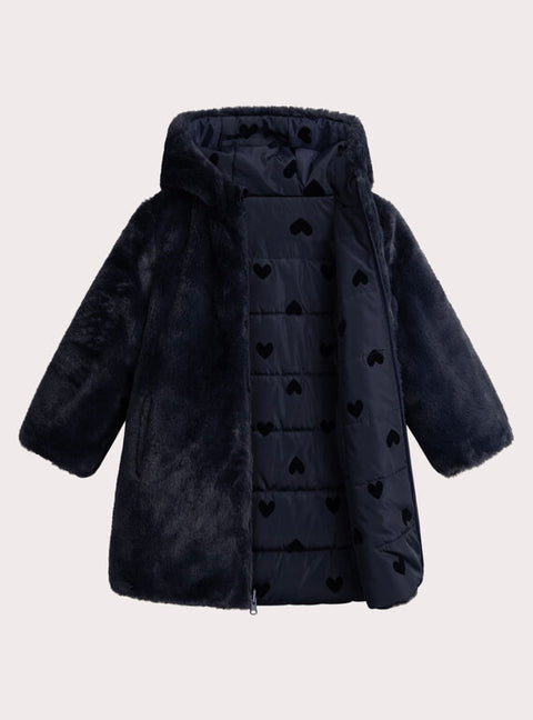 Reversible Hooded Navy Faux Fur Coat