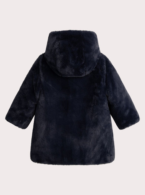 Reversible Hooded Navy Faux Fur Coat