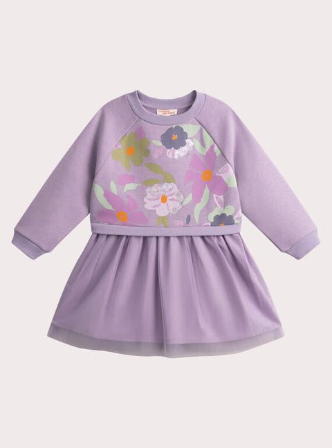 Lined Purple Sweatshirt Dress With Tulle Skirt