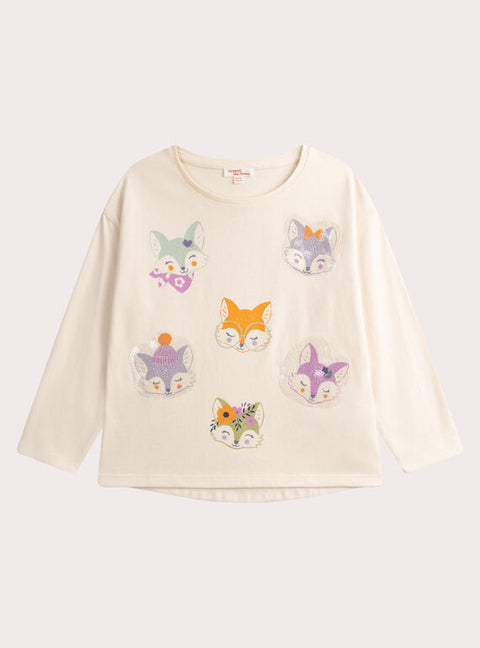 Cream Fox Animation Cotton T-shirt