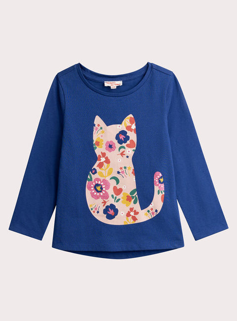 Blue Cat Print Cotton T-shirt