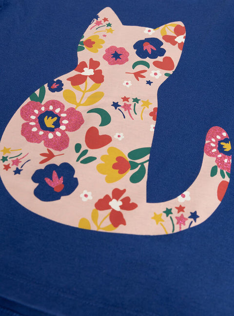 Blue Cat Print Cotton T-shirt