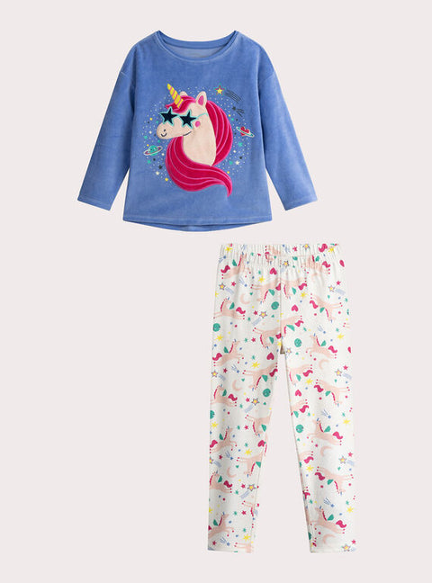 Blue Velour Glow In The Dark Unicorn Print Pyjamas