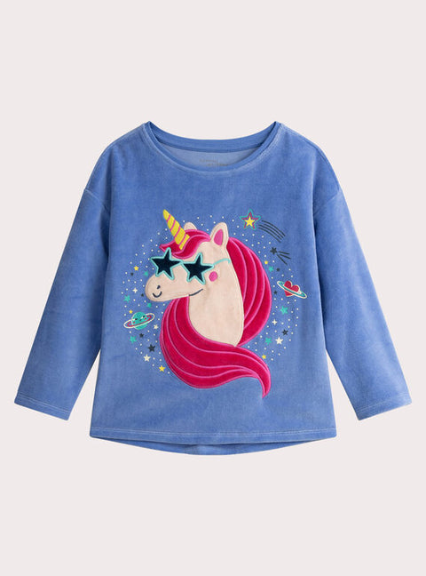 Blue Velour Glow In The Dark Unicorn Print Pyjamas