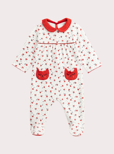 Cream & Red Heart Print Cotton Velour Sleepsuit