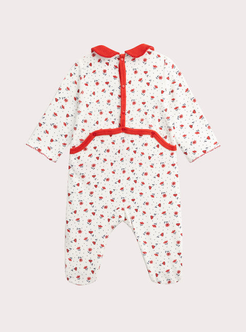 Cream & Red Heart Print Cotton Velour Sleepsuit