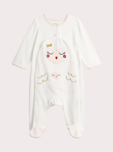 White Owl Embroidery Velour Sleepsuit