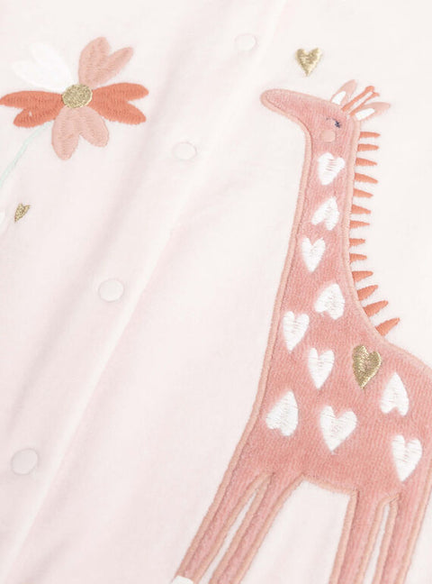 Pink Velour Giraffe Applique Sleepsuit