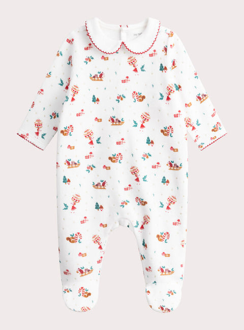 Cream Velour Christmas Sleepsuit