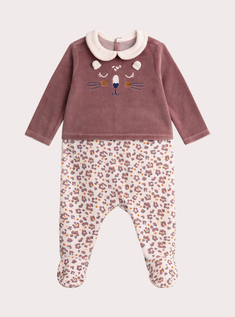 Pink Floral Print Velour Sleepsuit