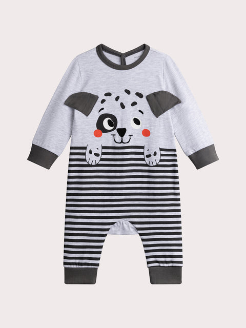 Grey Stripe Dog Applique Cotton Sleepsuit