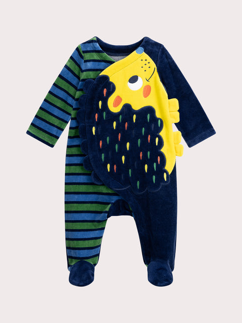 Navy Hedgehog Applique Velour Sleepsuit