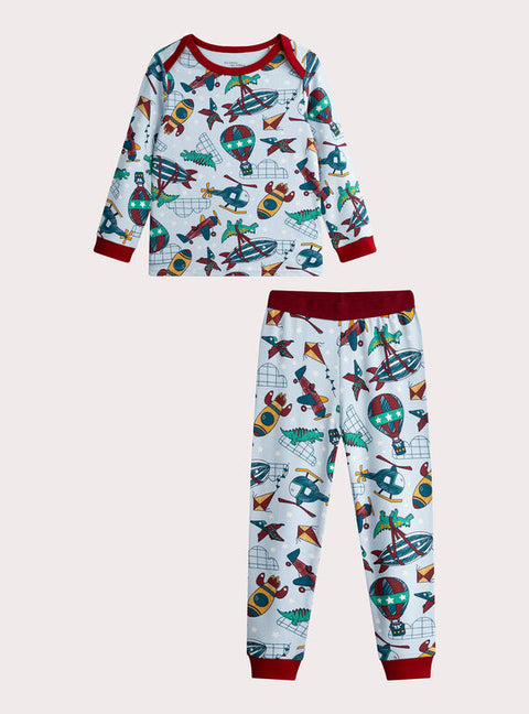 Blue Glow In The Dark Rocket Ship Print Cotton Pyjamas