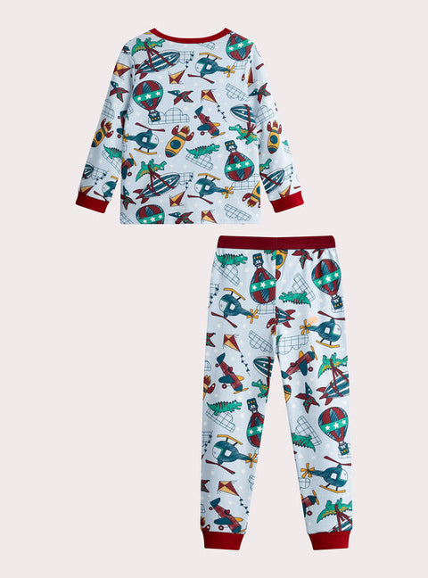 Blue Glow In The Dark Rocket Ship Print Cotton Pyjamas