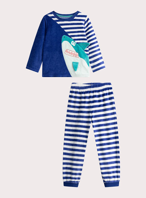 Navy Glow In The Dark Shark Print Velour Pyjamas