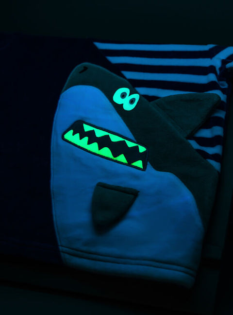 Navy Glow In The Dark Shark Print Velour Pyjamas