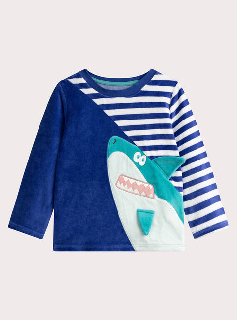 Navy Glow In The Dark Shark Print Velour Pyjamas