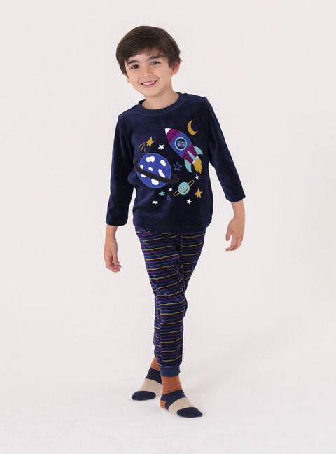 Navy Glow In The Dark Space Ship Animation Velour Pyjamas