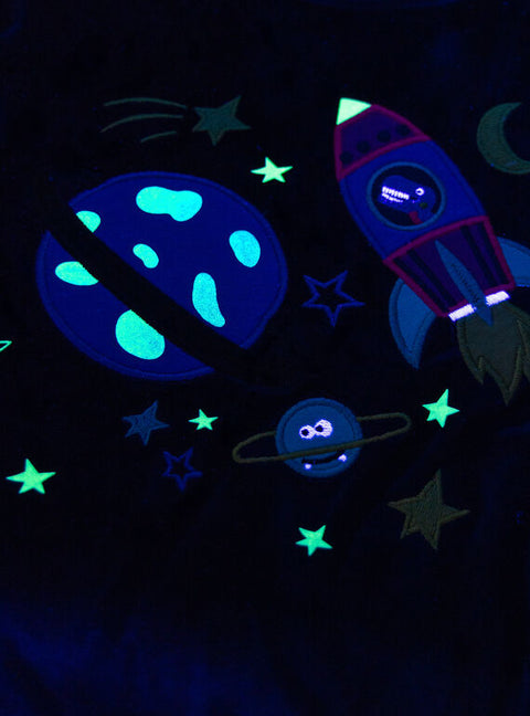 Navy Glow In The Dark Space Ship Animation Velour Pyjamas