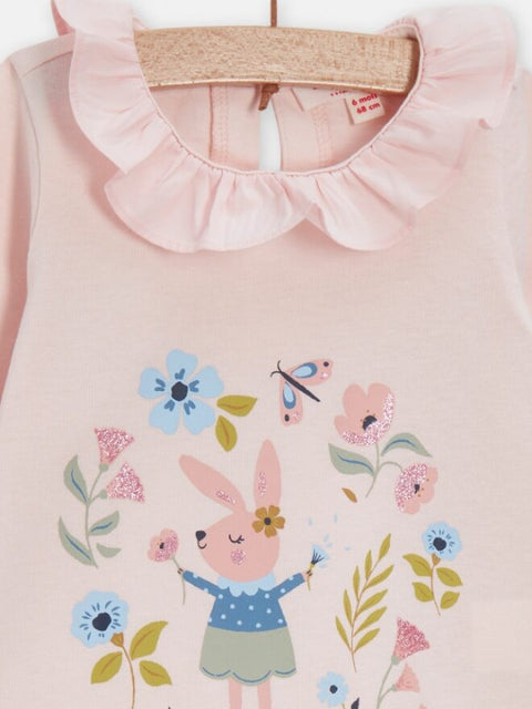 Pink Floral Print Cotton T-shirt With Collar