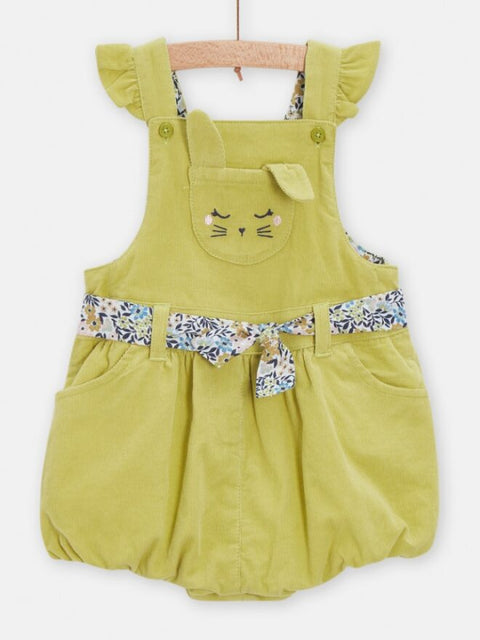 Lined Green Corduroy Short Dungarees With Floral Fabric Belt