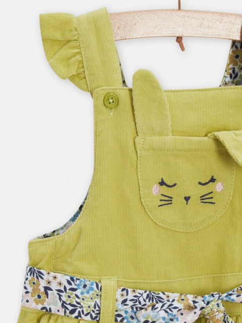 Lined Green Corduroy Short Dungarees With Floral Fabric Belt