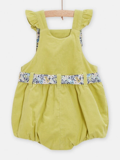 Lined Green Corduroy Short Dungarees With Floral Fabric Belt